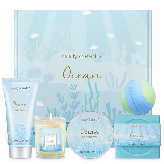 Gifts for Women Bath and Body Gift Sets for Women with 5 Pcs Ocean Scented Spa Gifts for Women Bath Gifts for Women with Scented Candle Body Butter Hand Cream Bath Bomb Womens Gifts for Christmas