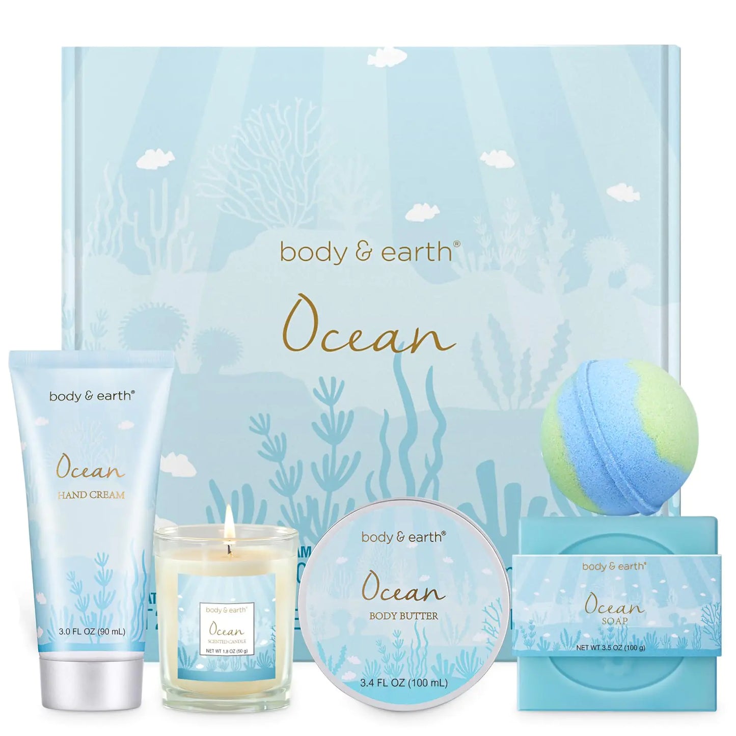 Gifts for Women Bath and Body Gift Sets for Women with 5 Pcs Ocean Scented Spa Gifts for Women Bath Gifts for Women with Scented Candle Body Butter Hand Cream Bath Bomb Womens Gifts for Christmas