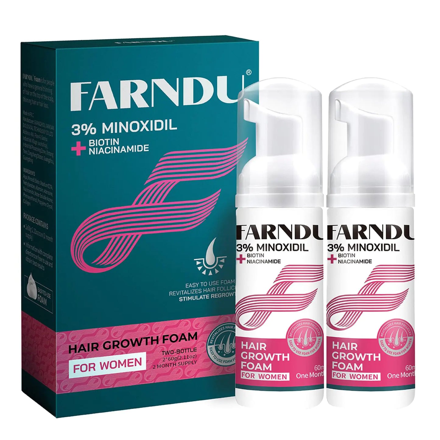 Farndu 3% Minoxidil Foam for Women with Biotin & Niacinamide – Powerful Hair Growth Treatment for Thicker Fuller and Healthier Hair 2 Pack of 60 ml / 2.11 oz